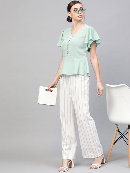 Women's Sea Green Front Button Peplum Top