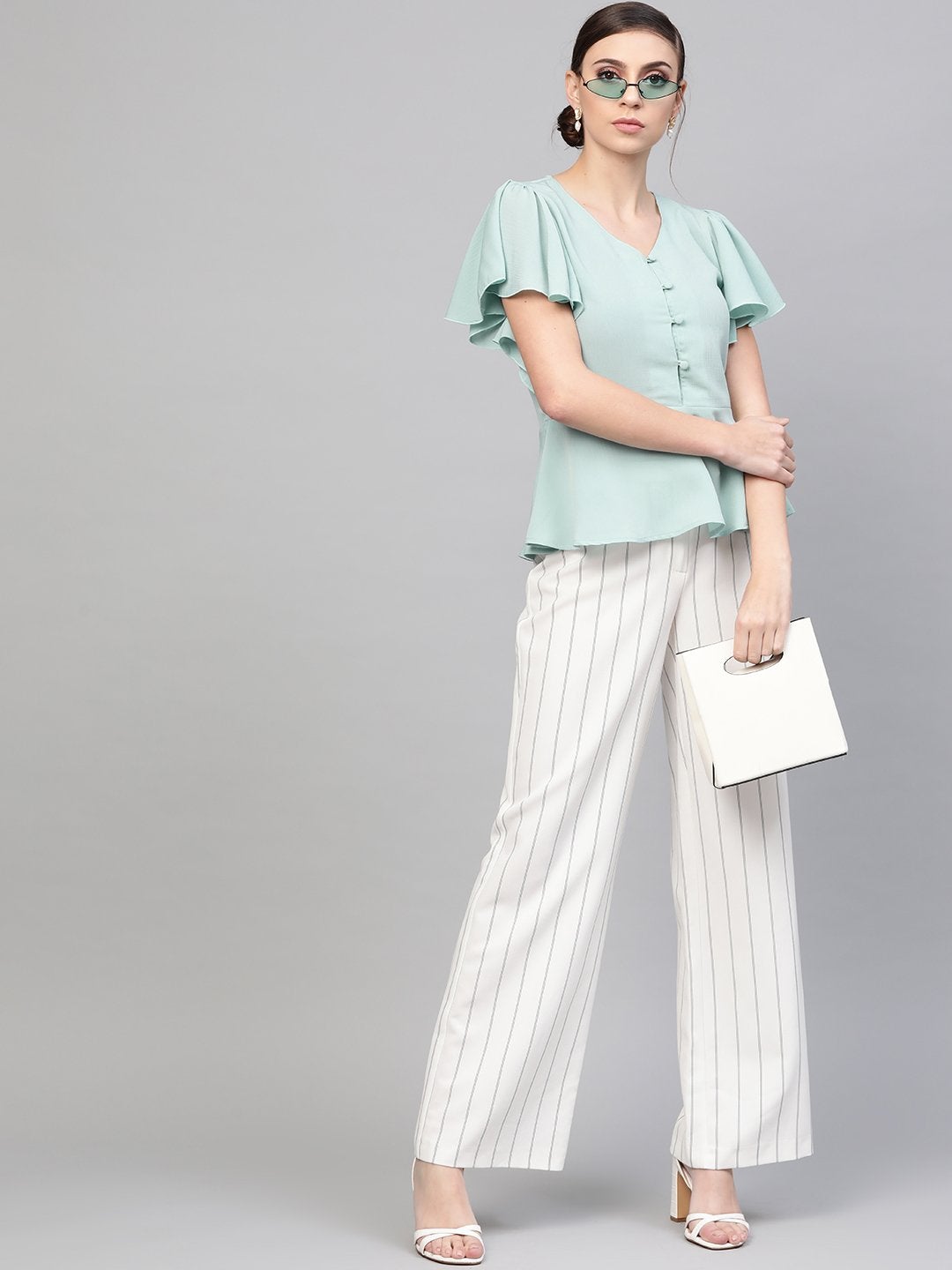 Women's Sea Green Front Button Peplum Top