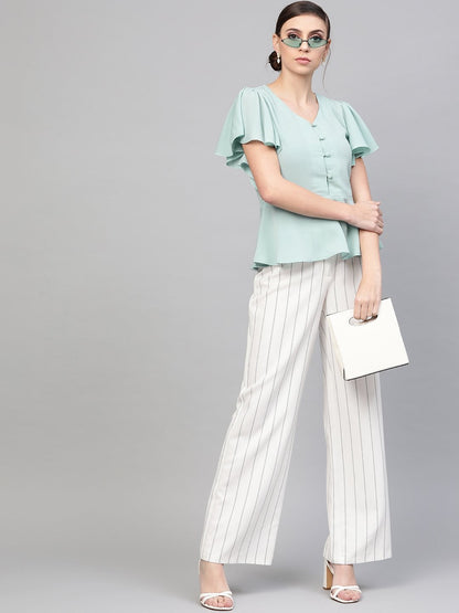 Women's Sea Green Front Button Peplum Top