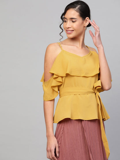 Women's Mustard Strappy Ruffle Top