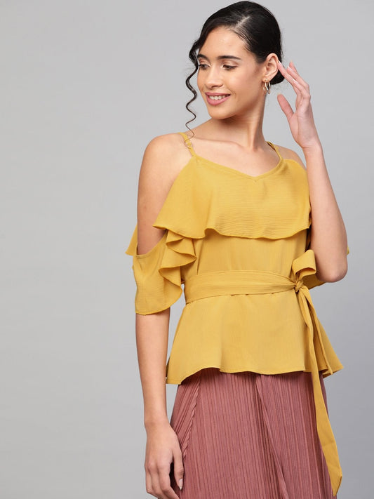 Women's Mustard Strappy Ruffle Top