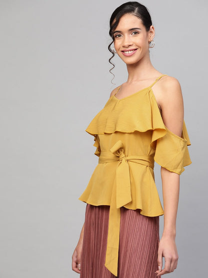 Women's Mustard Strappy Ruffle Top