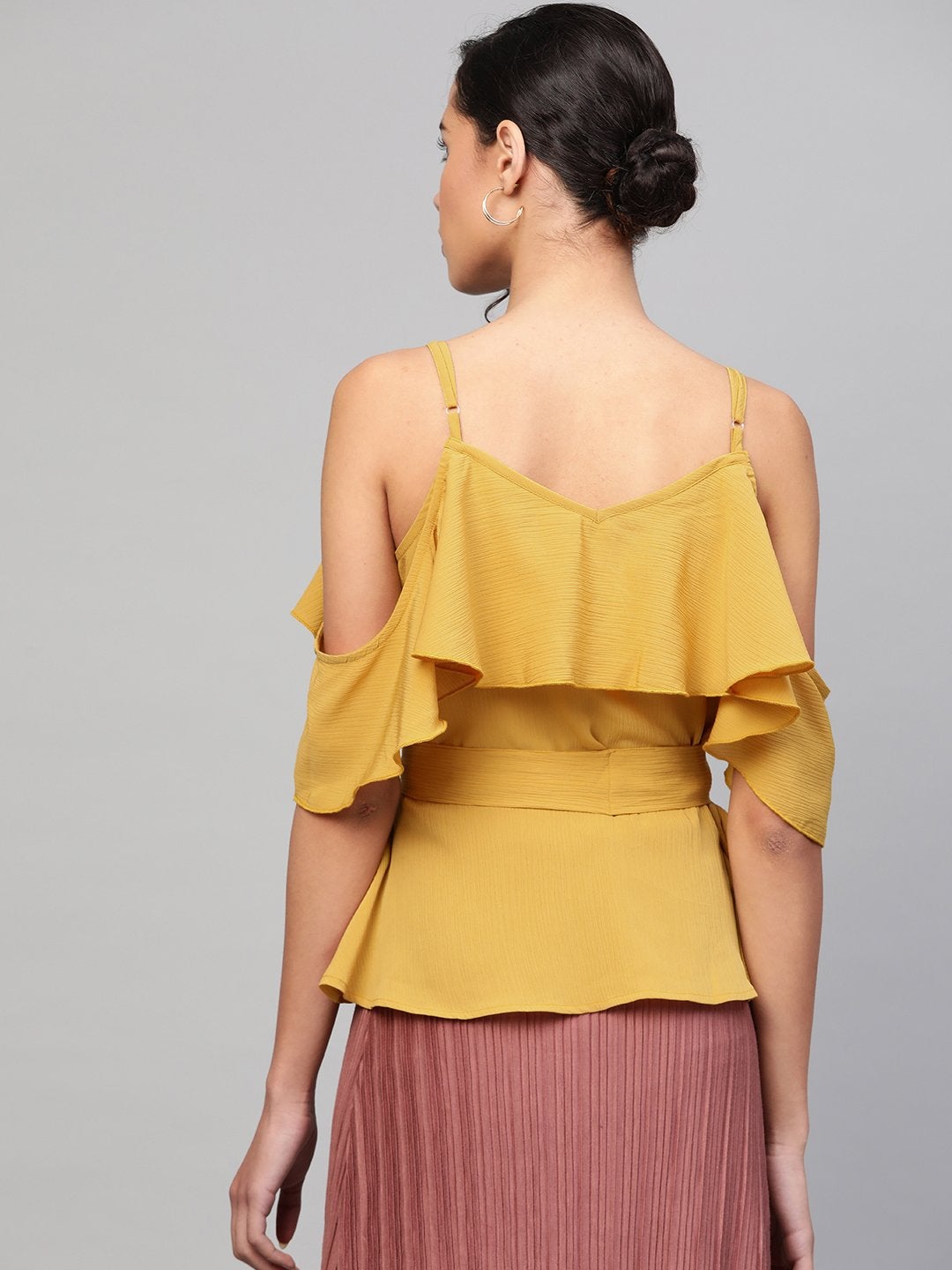Women's Mustard Strappy Ruffle Top