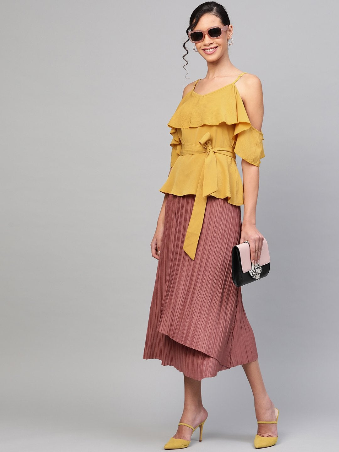 Women's Mustard Strappy Ruffle Top