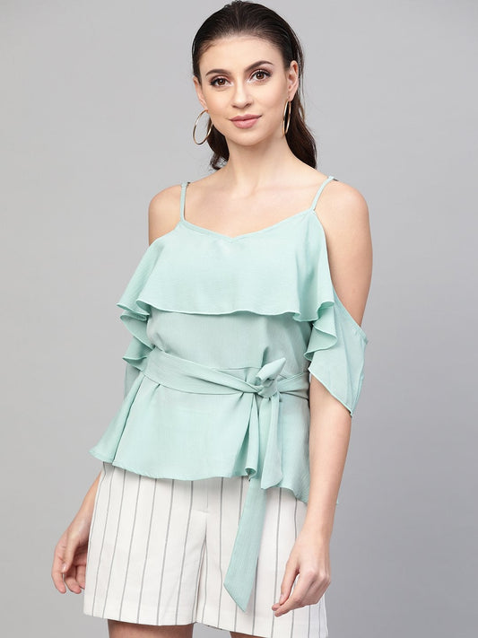 Women's Sea Green Strappy Ruffle Top