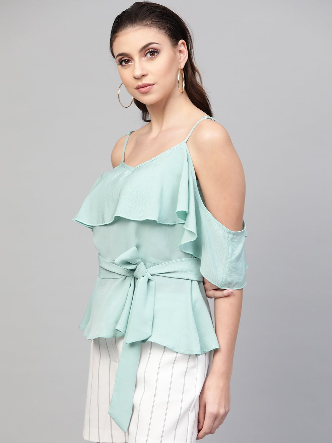 Women's Sea Green Strappy Ruffle Top