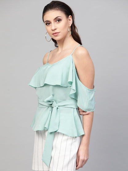 Women's Sea Green Strappy Ruffle Top