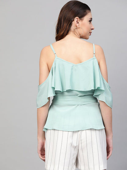 Women's Sea Green Strappy Ruffle Top