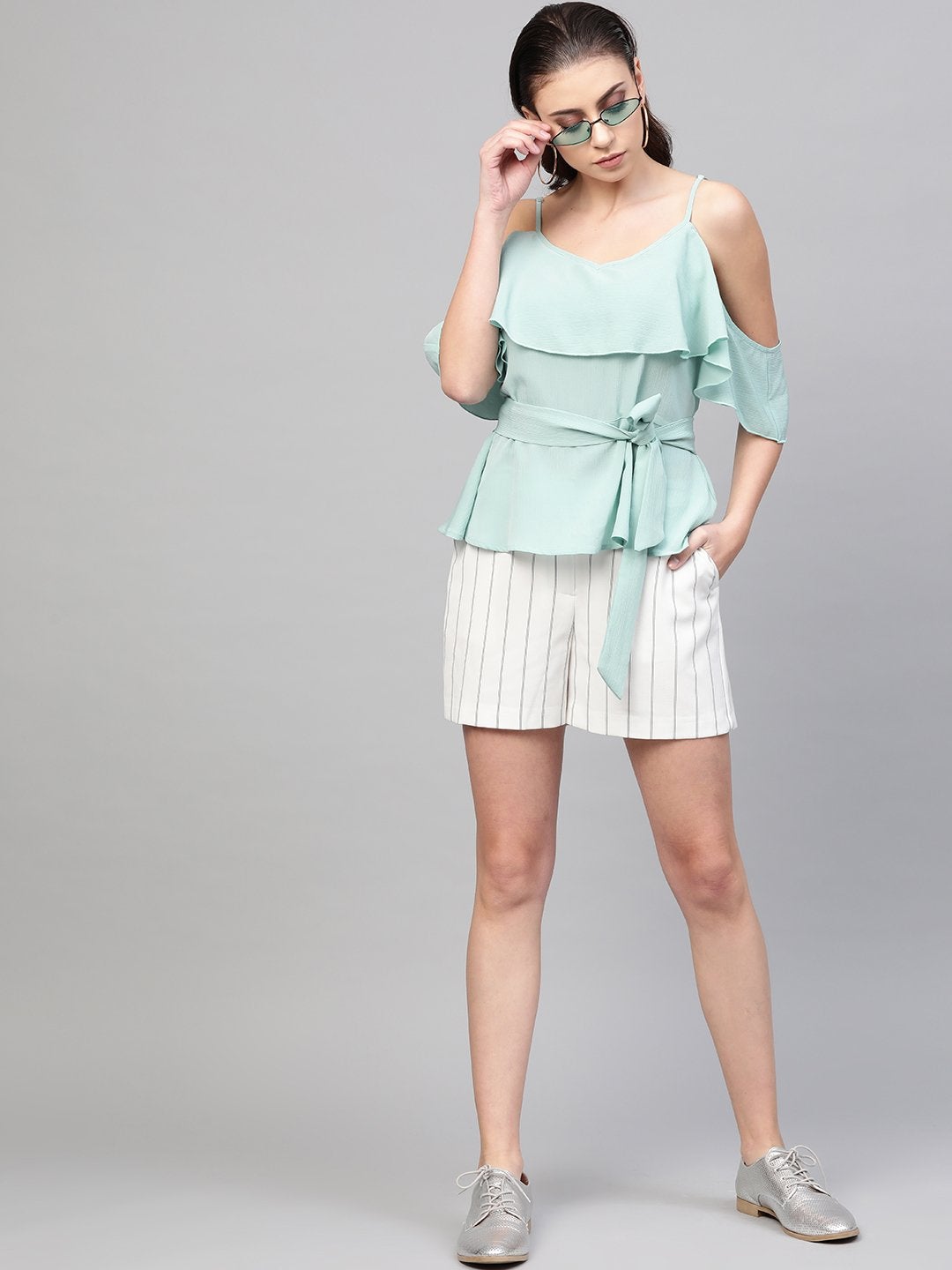 Women's Sea Green Strappy Ruffle Top