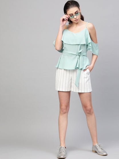 Women's Sea Green Strappy Ruffle Top