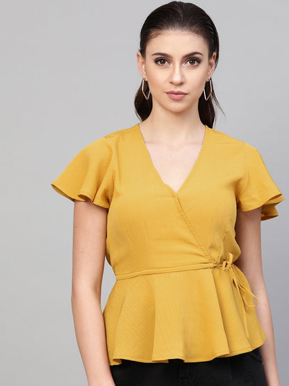Women's Mustard Wrap Peplum Top