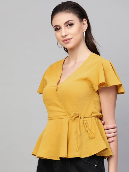 Women's Mustard Wrap Peplum Top