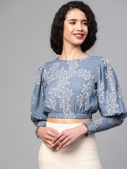 Women's Dark Blue Floral Smocking Sleeve Crop Top