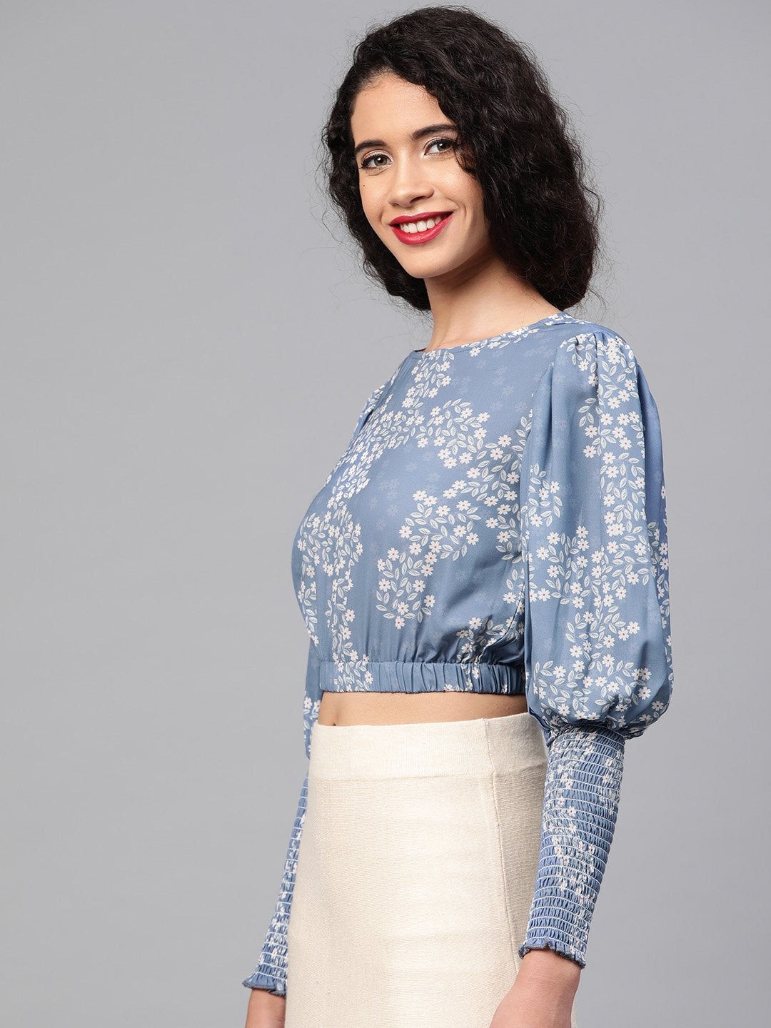 Women's Dark Blue Floral Smocking Sleeve Crop Top