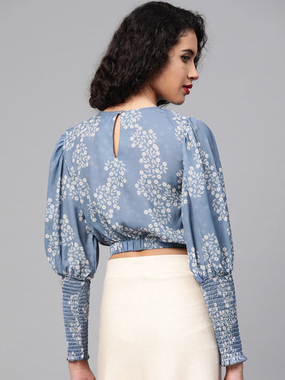 Women's Dark Blue Floral Smocking Sleeve Crop Top