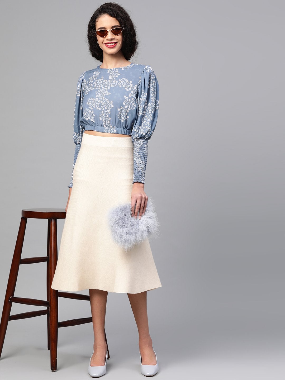 Women's Dark Blue Floral Smocking Sleeve Crop Top