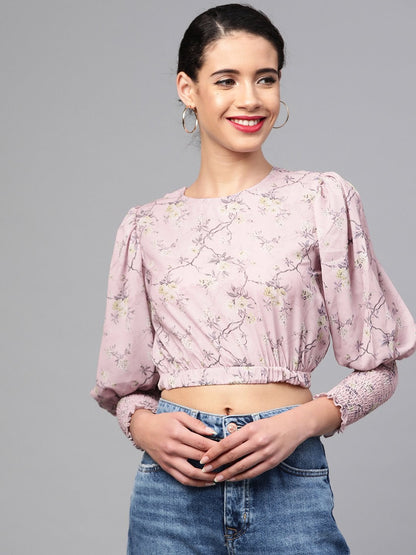 Women's Lilac Floral Smocking Sleeve Crop Top