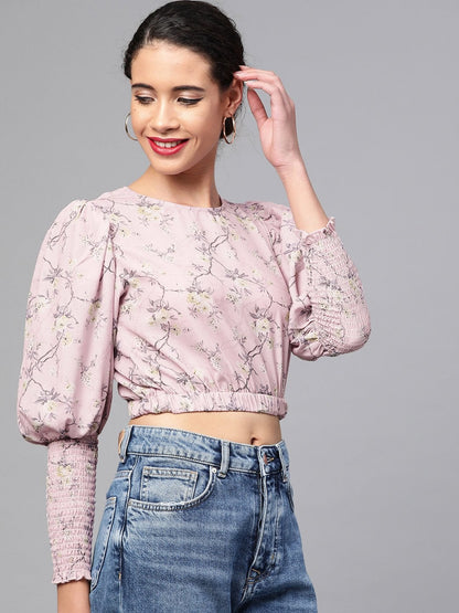 Women's Lilac Floral Smocking Sleeve Crop Top