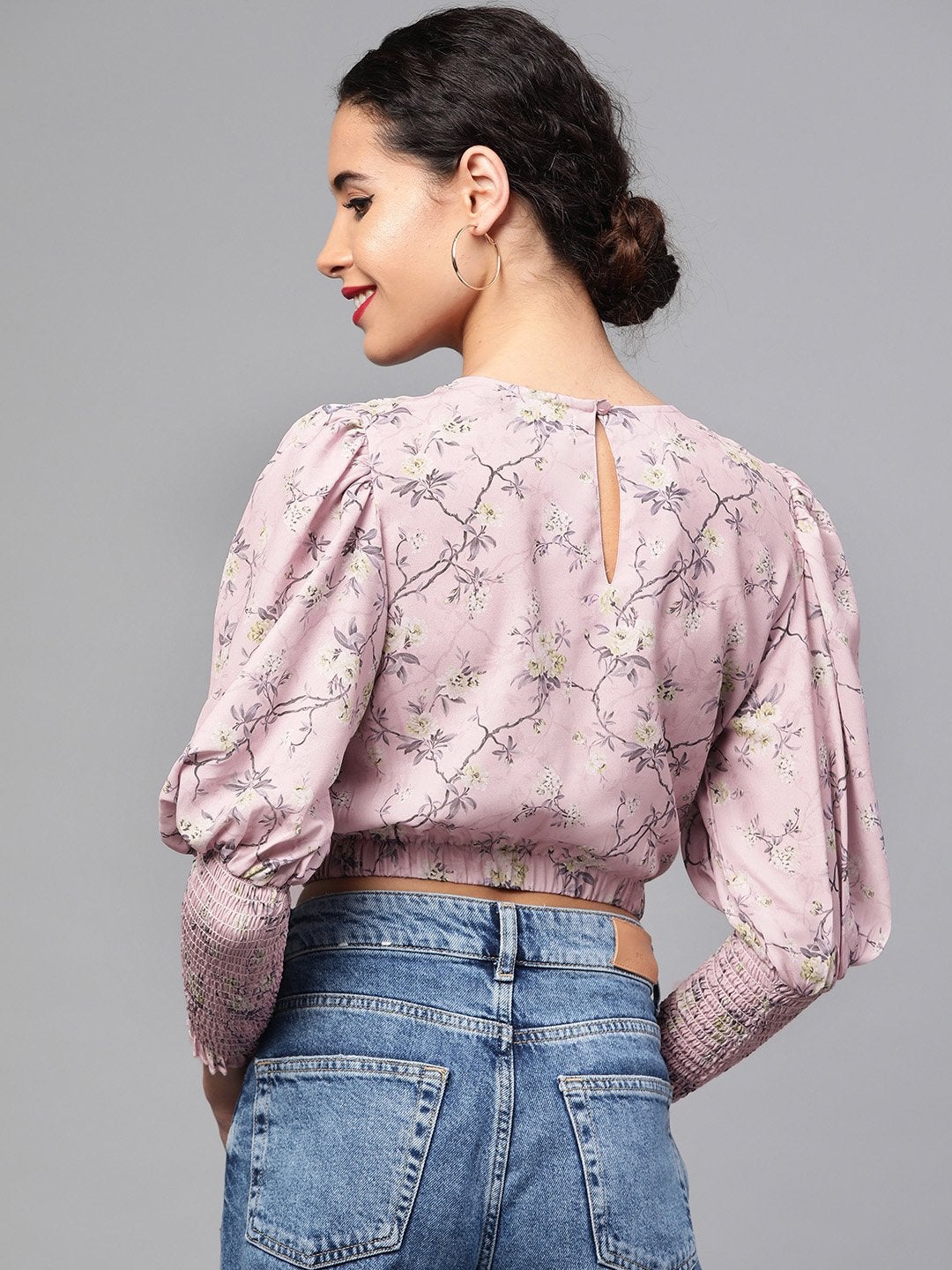 Women's Lilac Floral Smocking Sleeve Crop Top