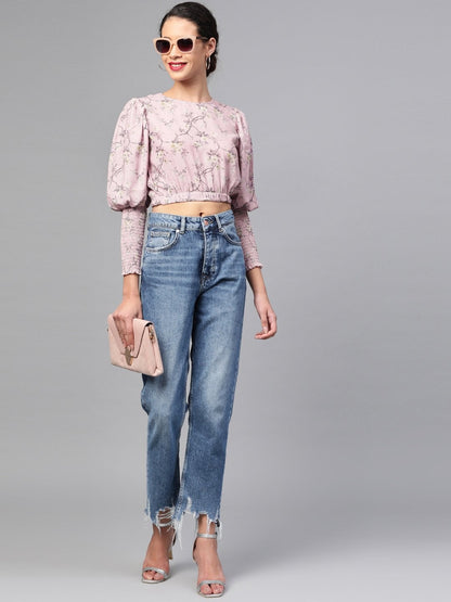 Women's Lilac Floral Smocking Sleeve Crop Top