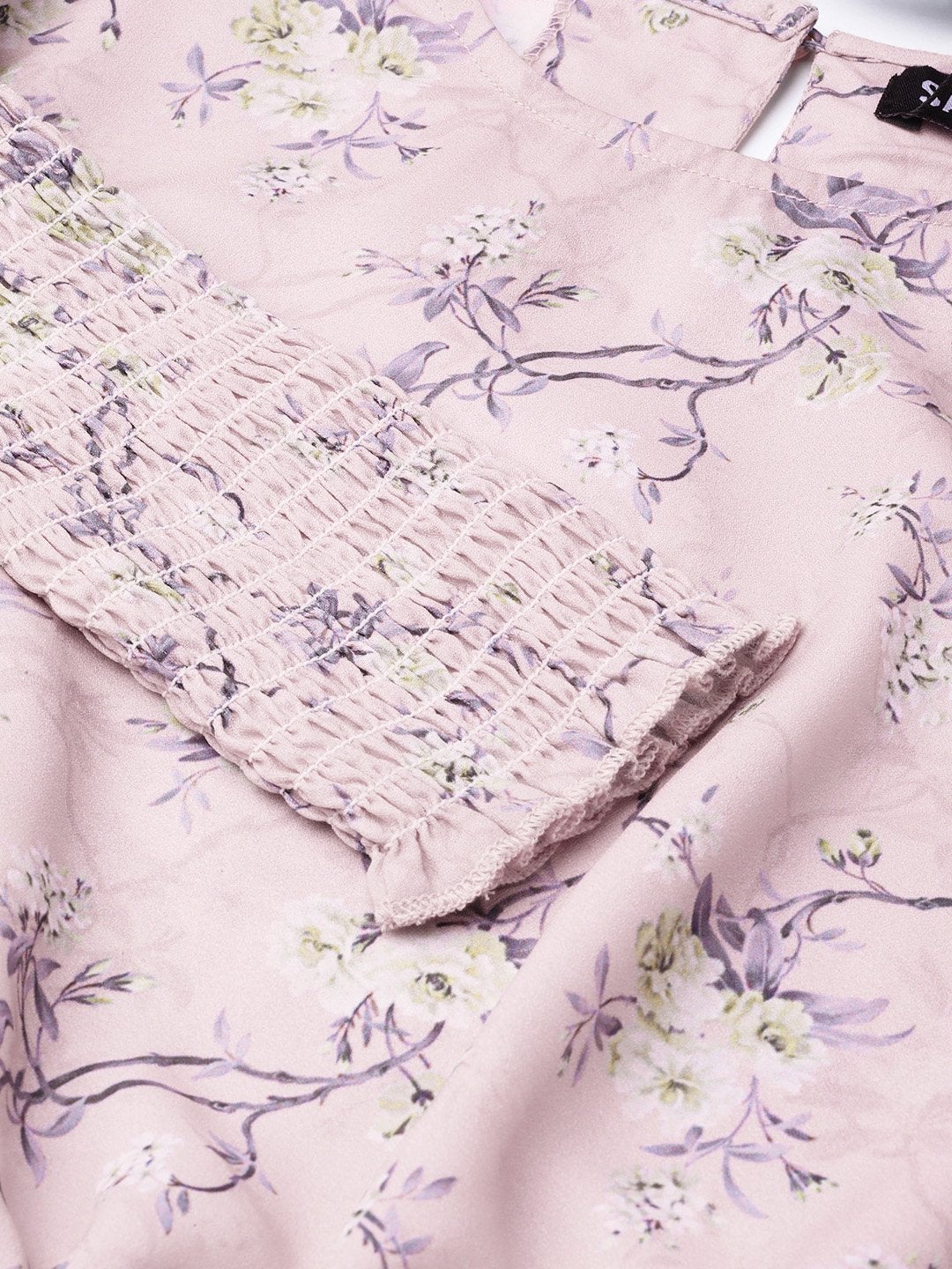 Women's Lilac Floral Smocking Sleeve Crop Top
