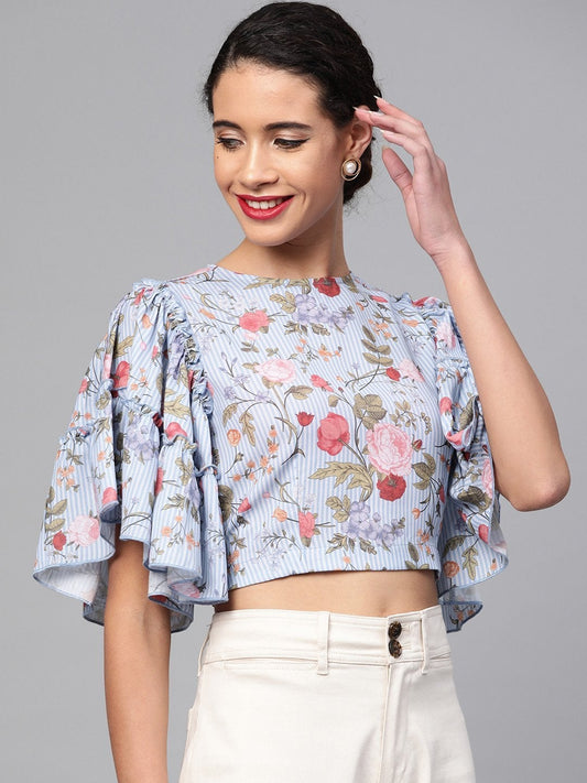 Women's Blue Striped Floral Flare Sleeve Crop Top