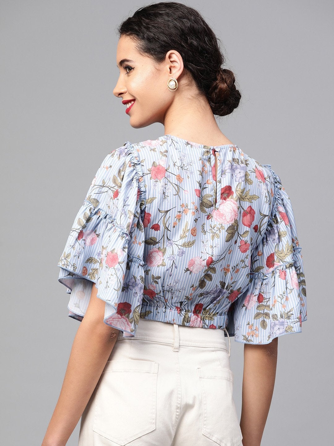 Women's Blue Striped Floral Flare Sleeve Crop Top