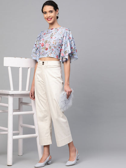 Women's Blue Striped Floral Flare Sleeve Crop Top