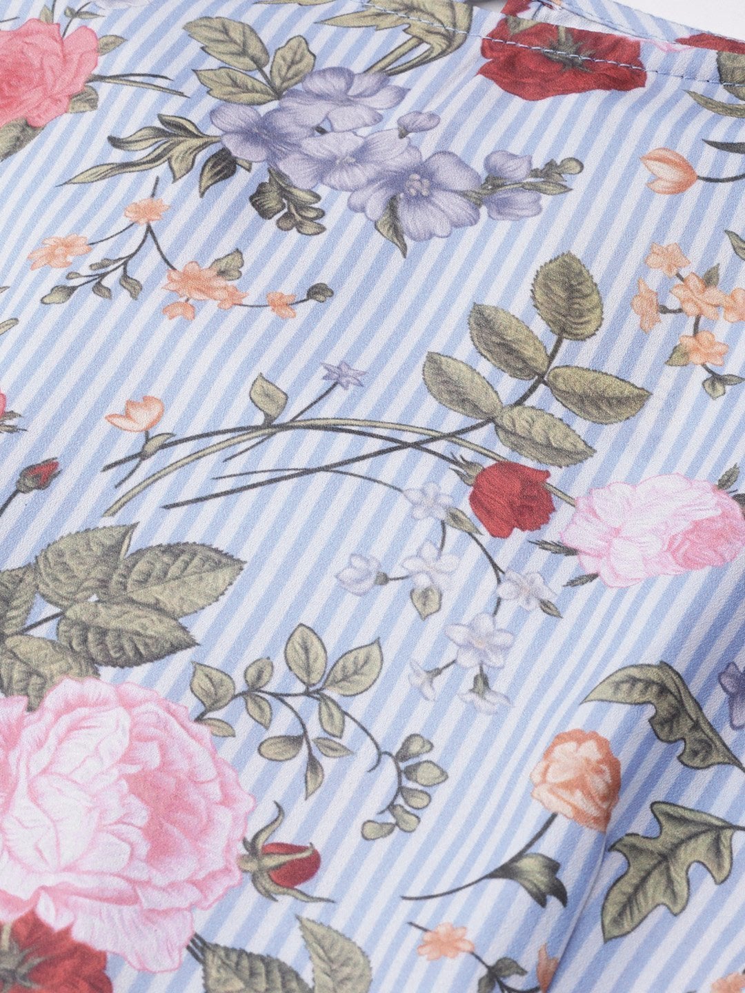 Women's Blue Striped Floral Flare Sleeve Crop Top