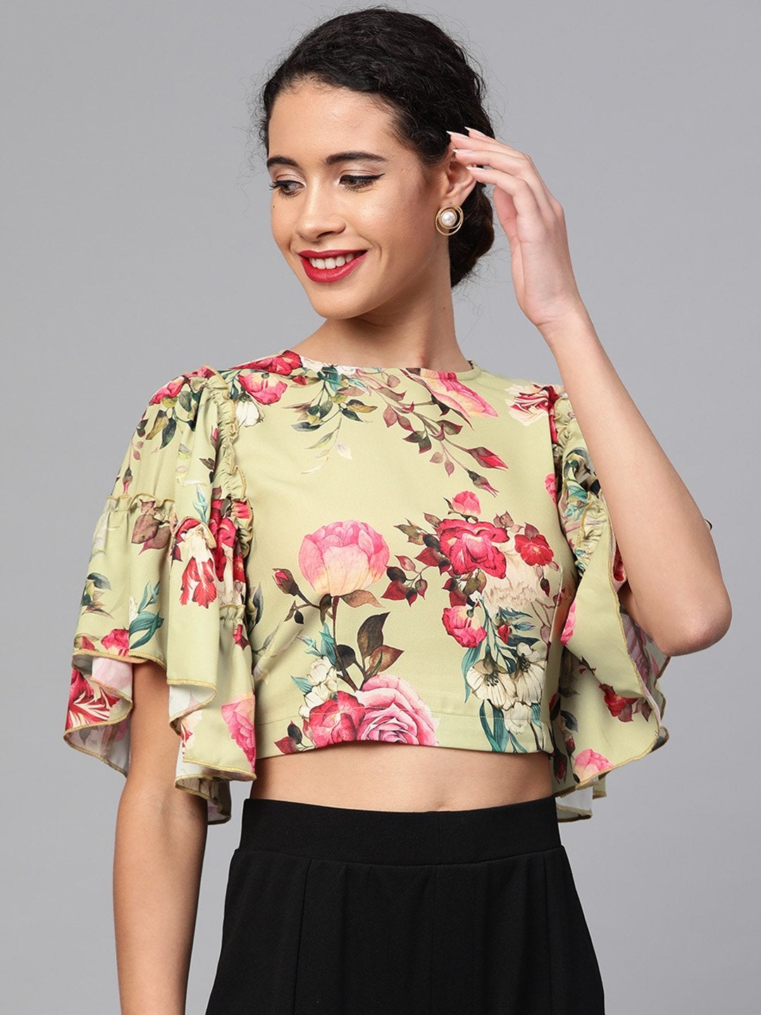 Women's Green Floral Flare Sleeve Crop Top