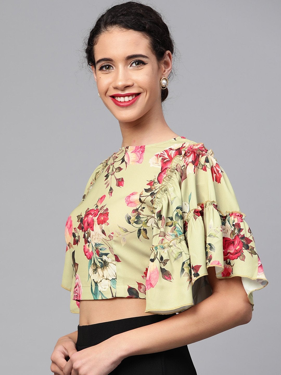 Women's Green Floral Flare Sleeve Crop Top