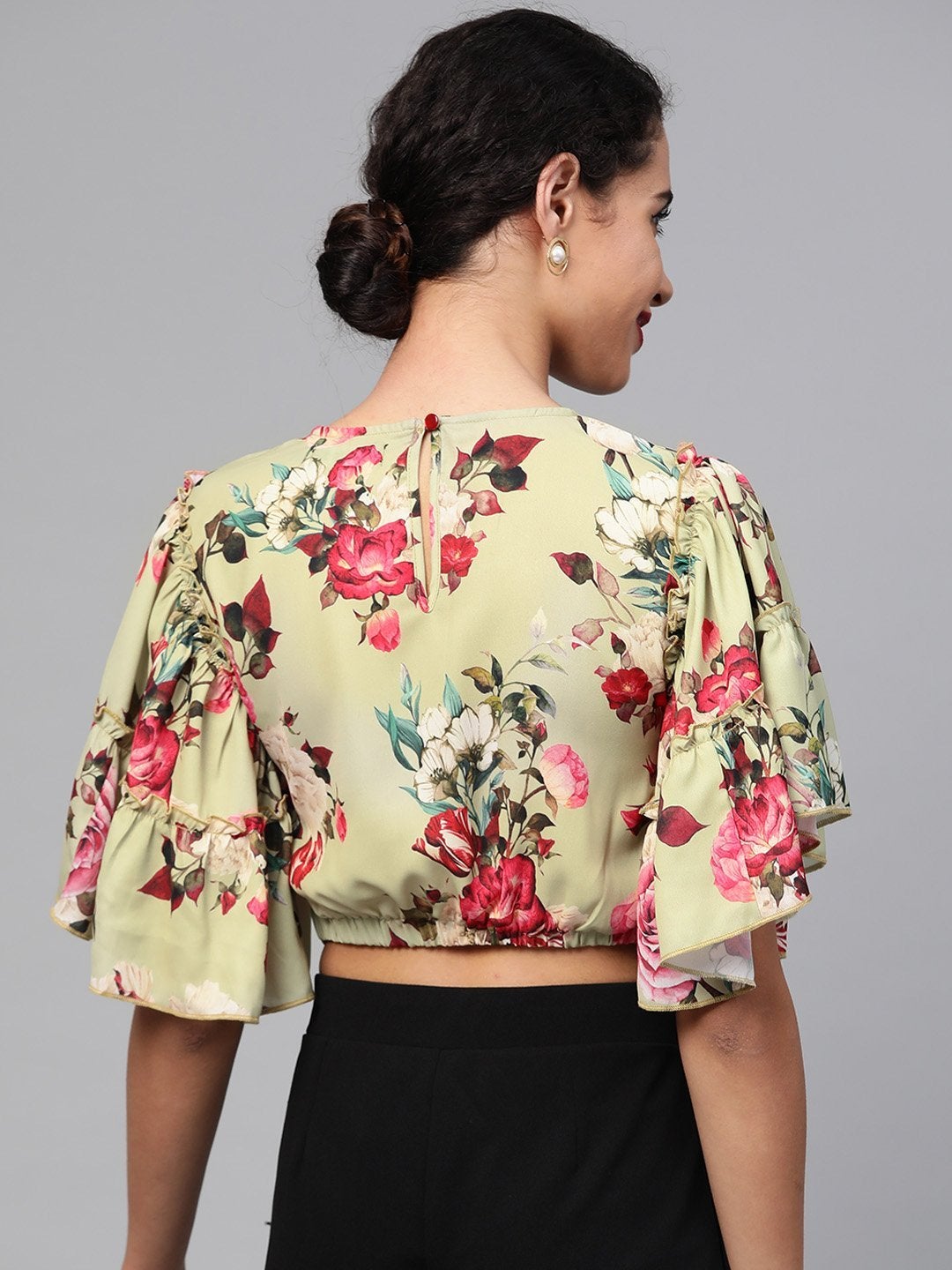Women's Green Floral Flare Sleeve Crop Top