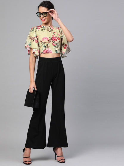 Women's Green Floral Flare Sleeve Crop Top