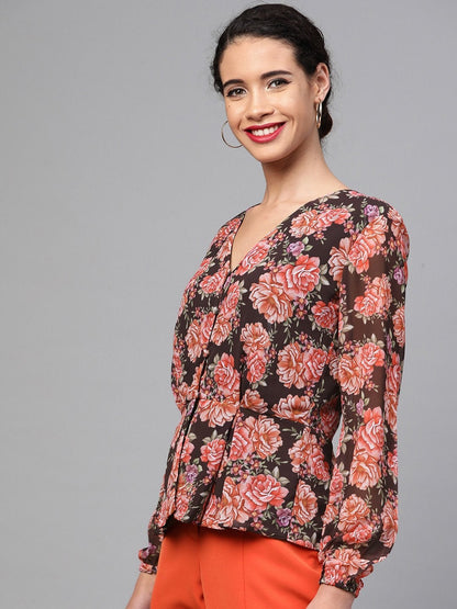 Women's Black Floral Peplum Top