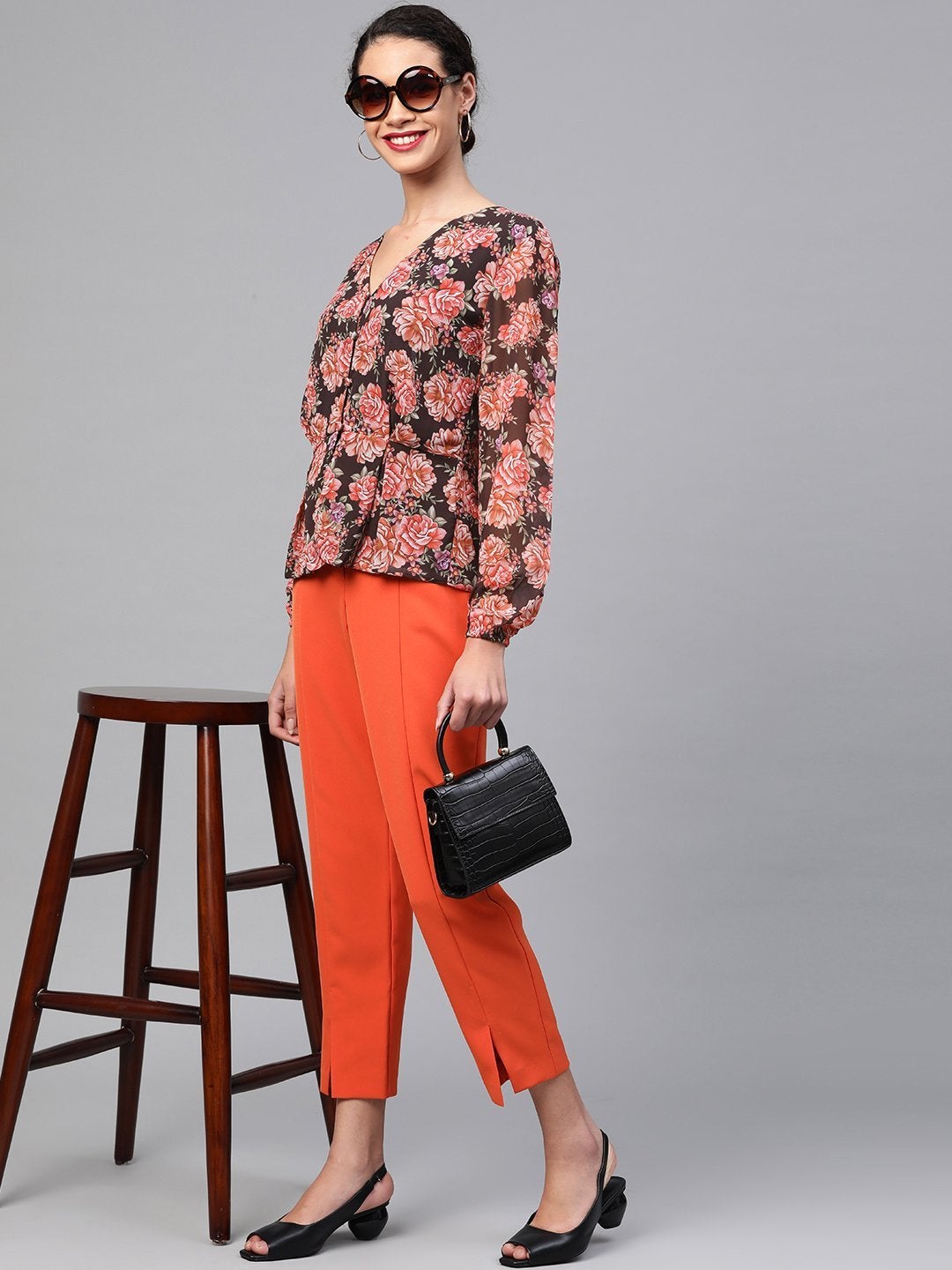 Women's Black Floral Peplum Top