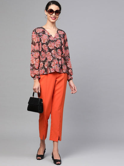 Women's Black Floral Peplum Top
