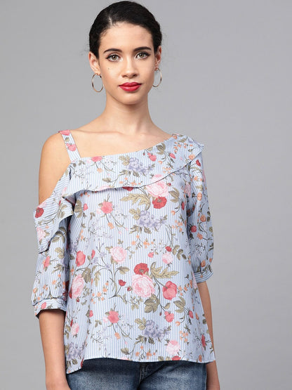 Women's Blue Striped Floral One Strap Top