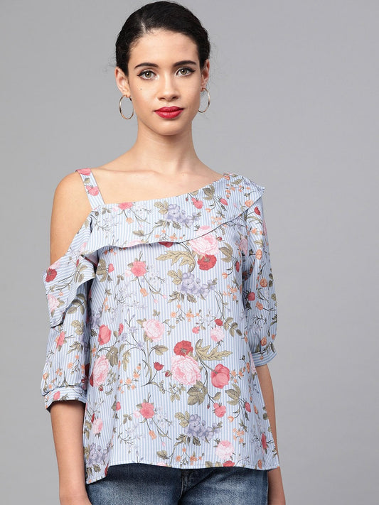 Women's Blue Striped Floral One Strap Top