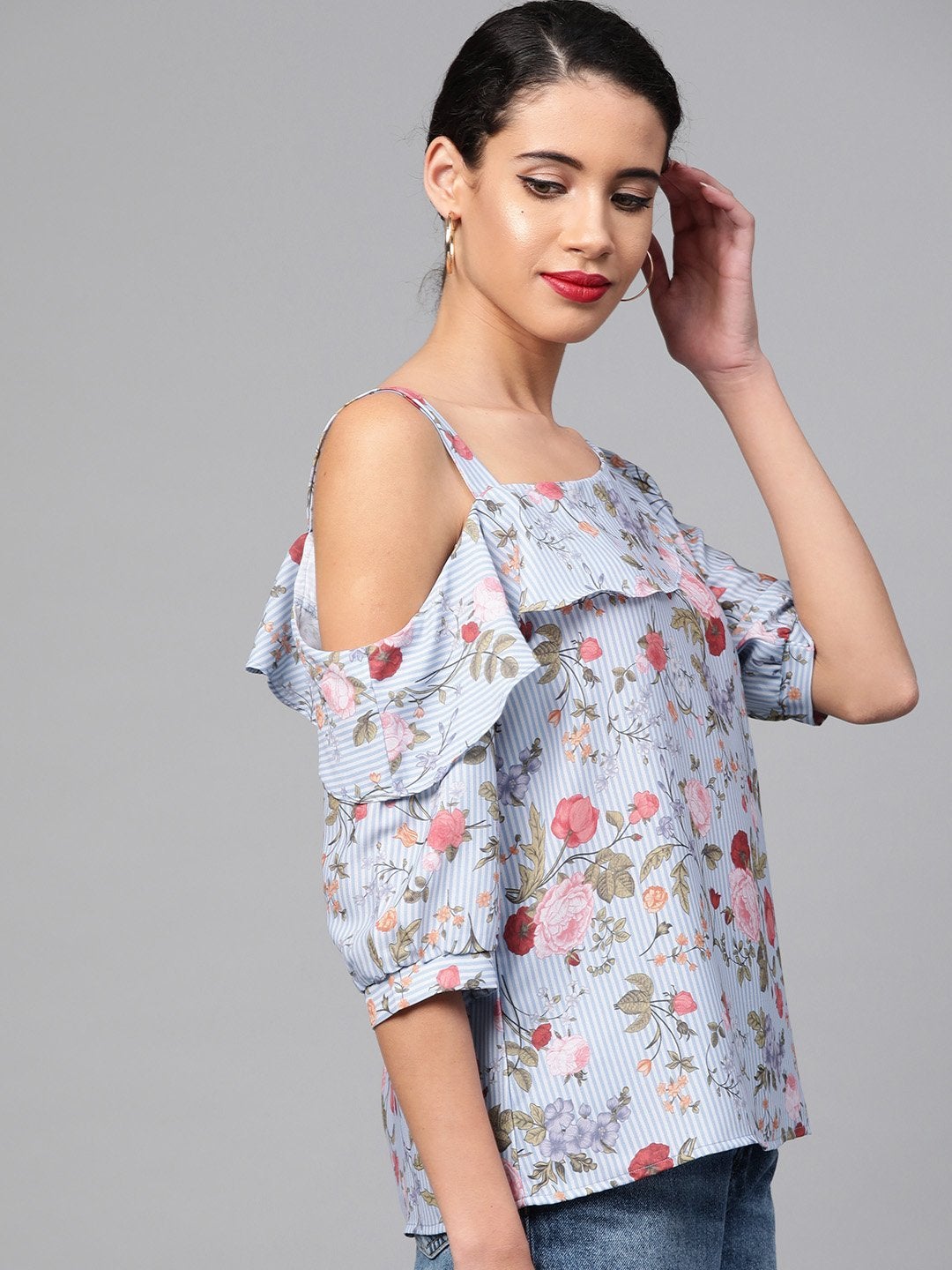 Women's Blue Striped Floral One Strap Top