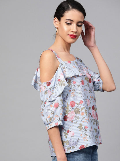 Women's Blue Striped Floral One Strap Top