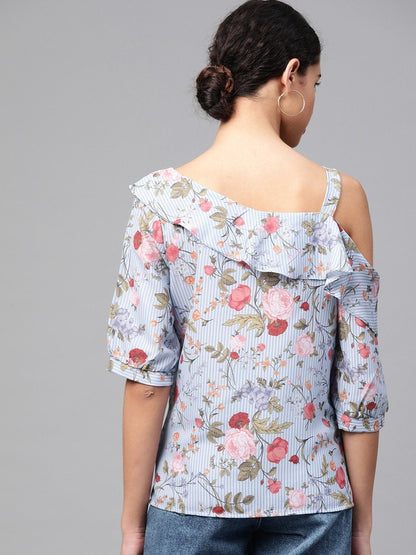 Women's Blue Striped Floral One Strap Top