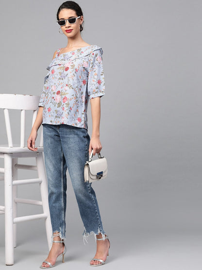 Women's Blue Striped Floral One Strap Top