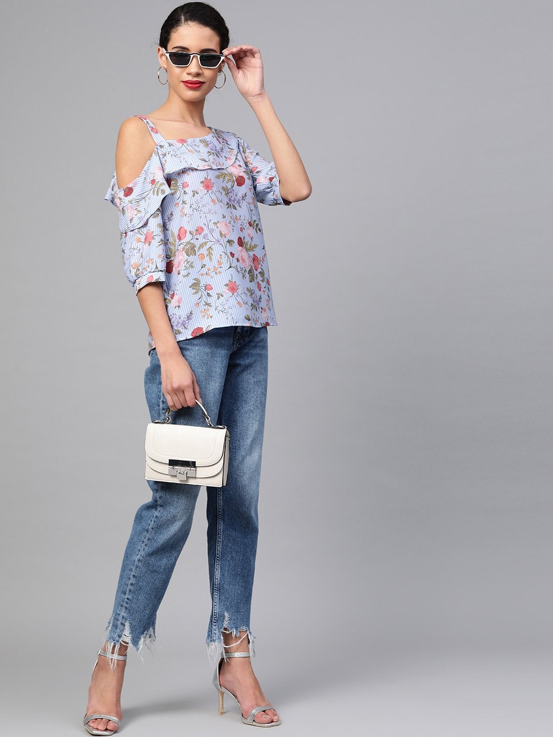 Women's Blue Striped Floral One Strap Top