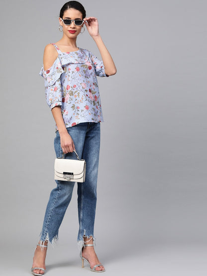 Women's Blue Striped Floral One Strap Top