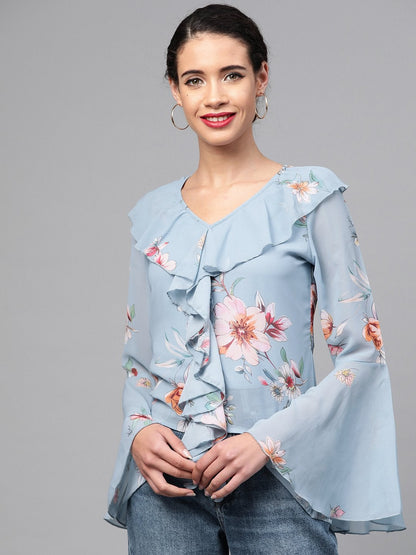 Women's Pale Blue Floral Cascading Ruffles Top