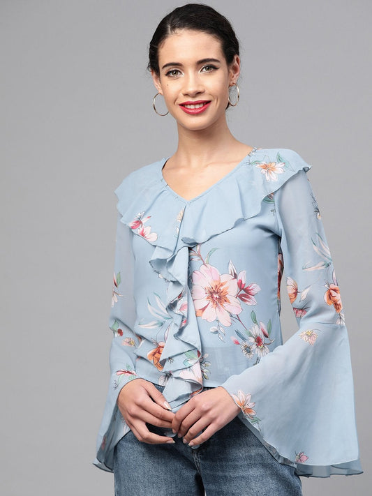 Women's Pale Blue Floral Cascading Ruffles Top