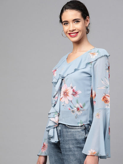 Women's Pale Blue Floral Cascading Ruffles Top