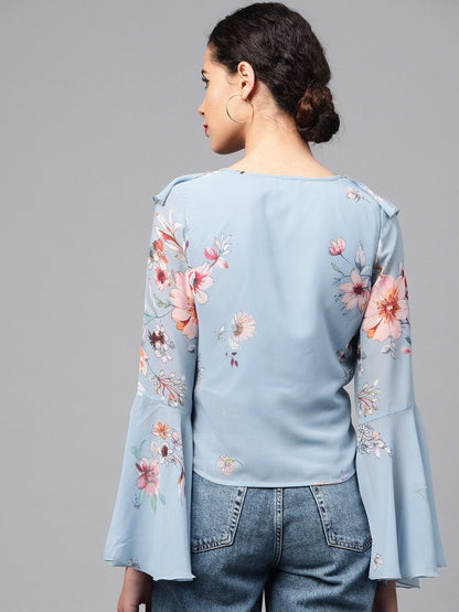 Women's Pale Blue Floral Cascading Ruffles Top