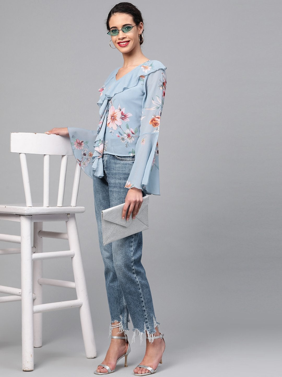 Women's Pale Blue Floral Cascading Ruffles Top