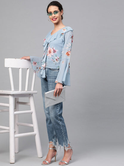 Women's Pale Blue Floral Cascading Ruffles Top